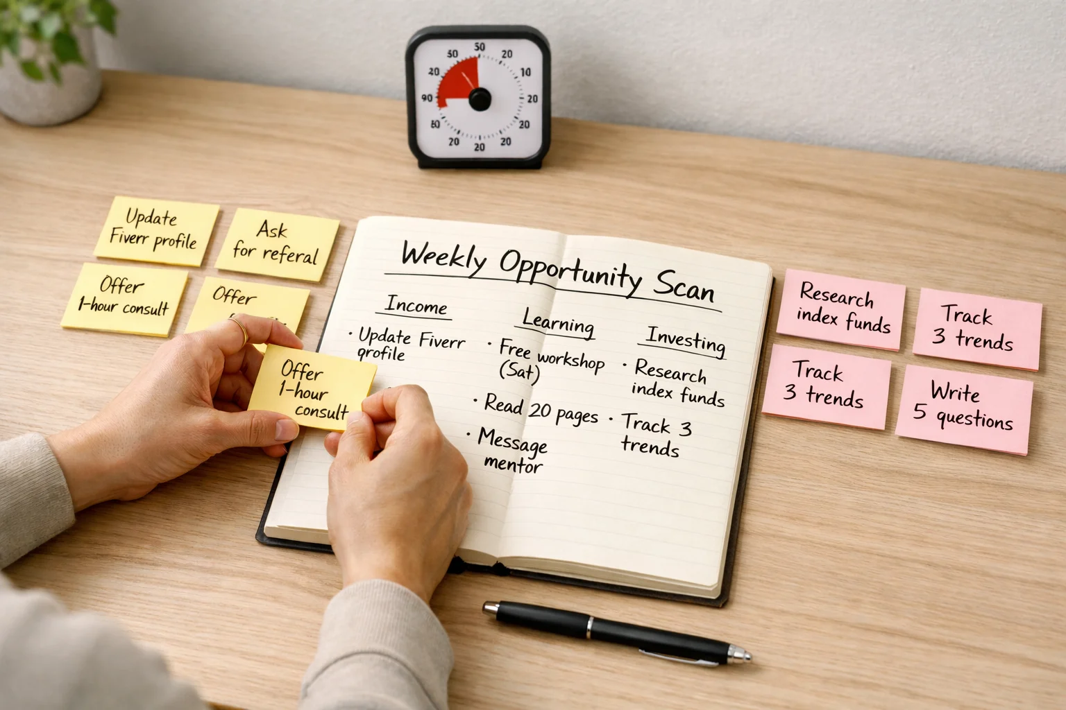 hands placing sticky notes on a weekly opportunity scan page in a notebook