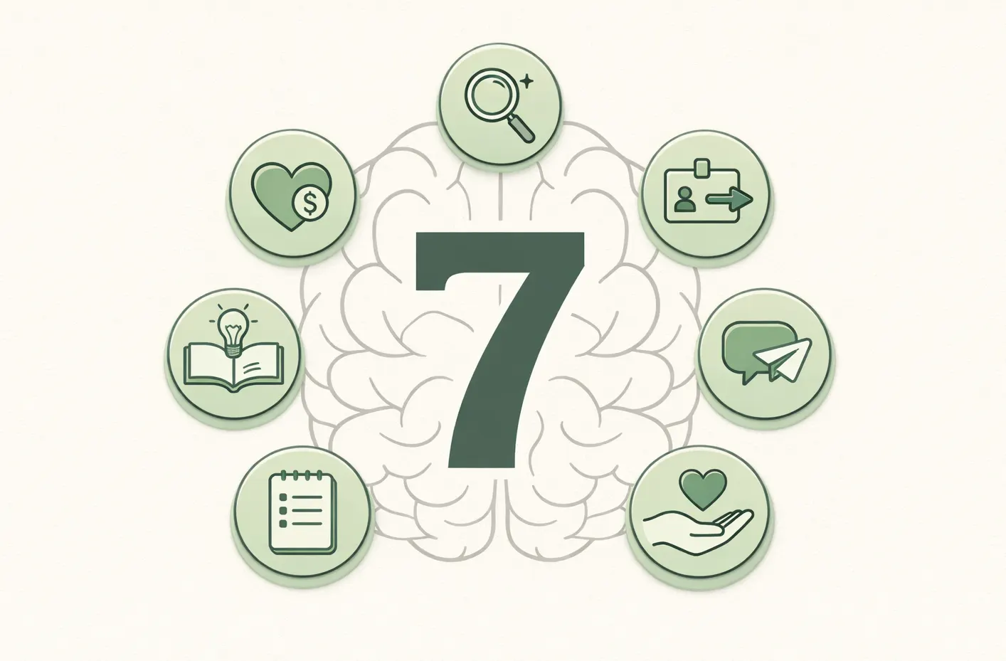 Stylized number seven with icons for abundance mindset habits around a brain outline, soft green doodle style
