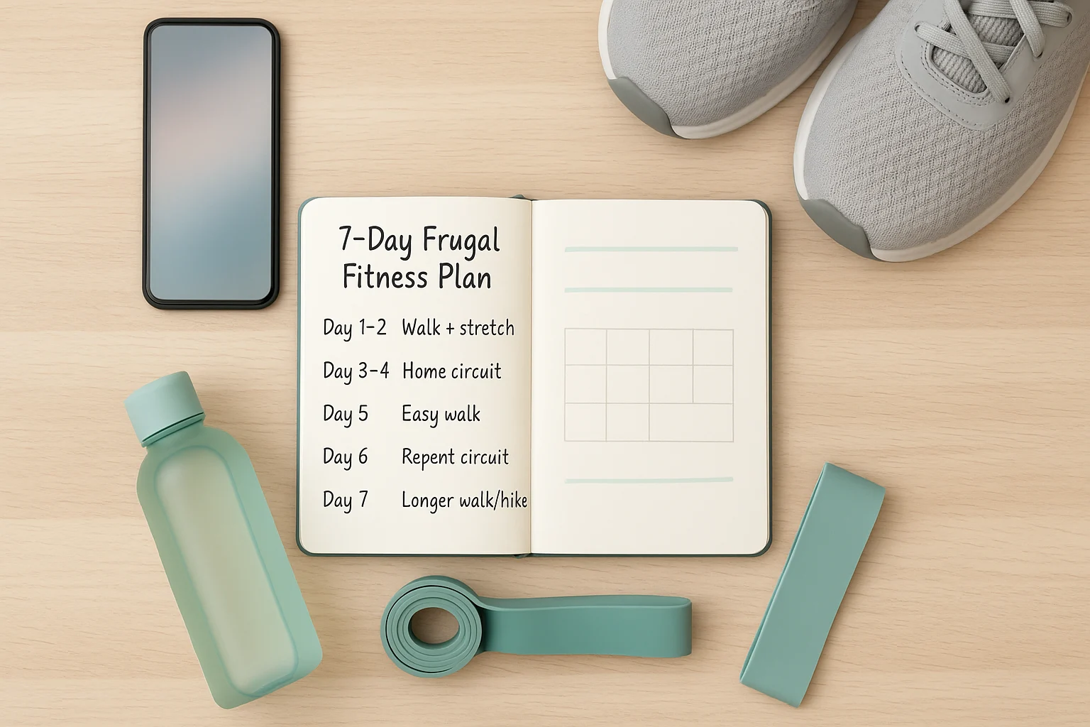 Notebook open to a seven day fitness plan beside resistance band and water bottle, suggesting a simple low-cost routine.