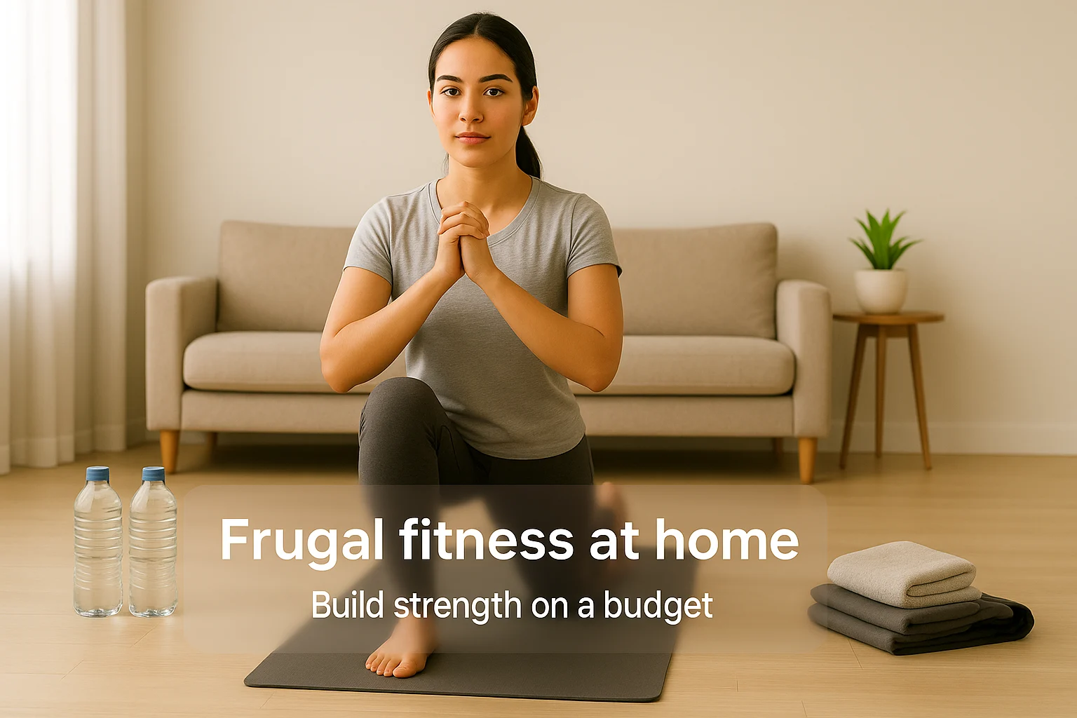 Young woman doing lunges on a yoga mat in her living room, using frugal fitness tips to build strength on a budget.