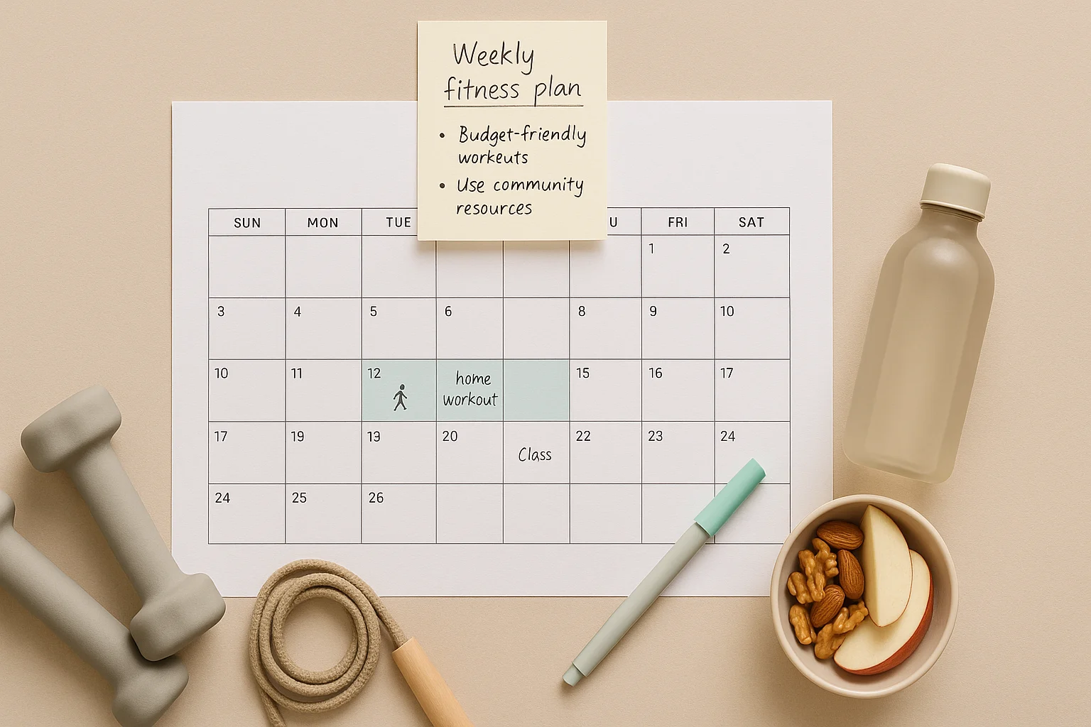 Fitness calendar on a desk with dumbbells, jump rope, and water bottle, showing a simple budget-friendly workout plan.