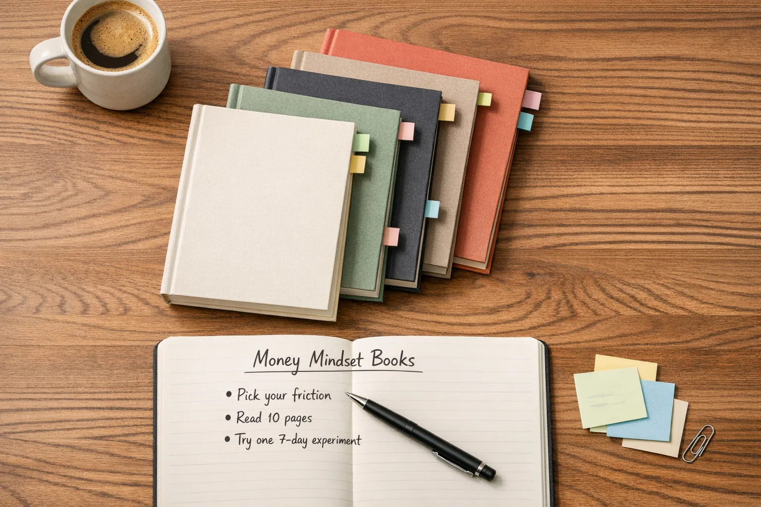 Hand highlighting notes in an open book with sticky tabs and a mindset note card on a calm desk