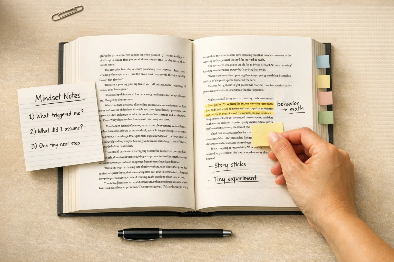 Notebook worksheet listing spending values and tiny money experiments beside tabbed books and a coffee cup