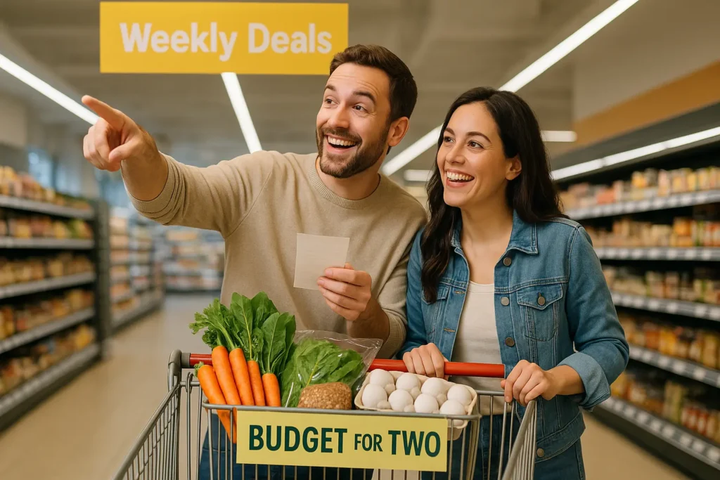 Happy couple grocery shopping on a budget for two, pushing a cart with vegetables and eggs under a Weekly Deals sign