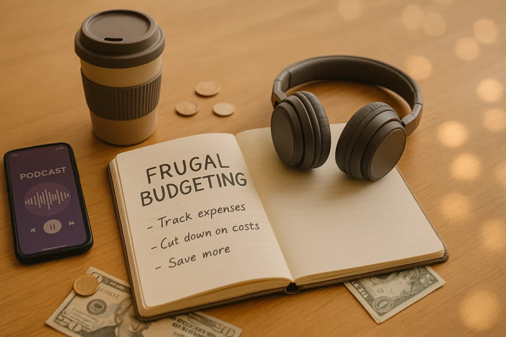 A cozy minimalist desktop scene featuring an open financial planner notebook labeled "Frugal Budgeting" with notes, over-ear headphones resting on top, a reusable coffee cup, a smartphone displaying a podcast app, and scattered coins and dollar bills, all arranged on a wooden table with soft natural lighting and warm shadows.