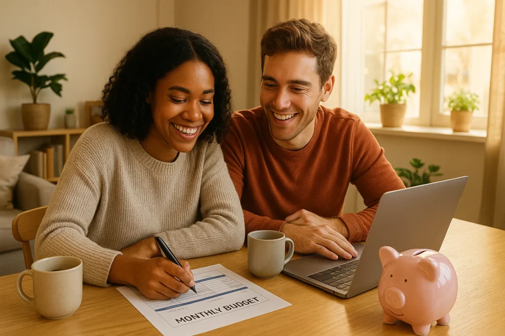 smiling couple sits at a wooden table working on their monthly budget. The woman is writing on a printed budget sheet while the man looks at a laptop. They both have coffee mugs, and a pink piggy bank is on the table. The background shows a cozy, sunlit room with potted plants and warm decor.