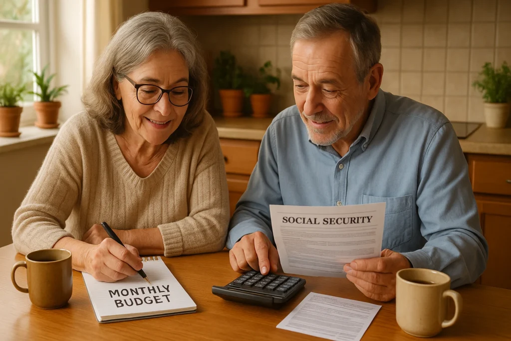Senior couple reviewing their Social Security benefits at a kitchen table. The man holds a Social Security statement while the woman writes “Monthly Budget” in a notepad. A calculator and two coffee mugs are also on the table. Potted plants and natural light create a cozy, homey atmosphere.