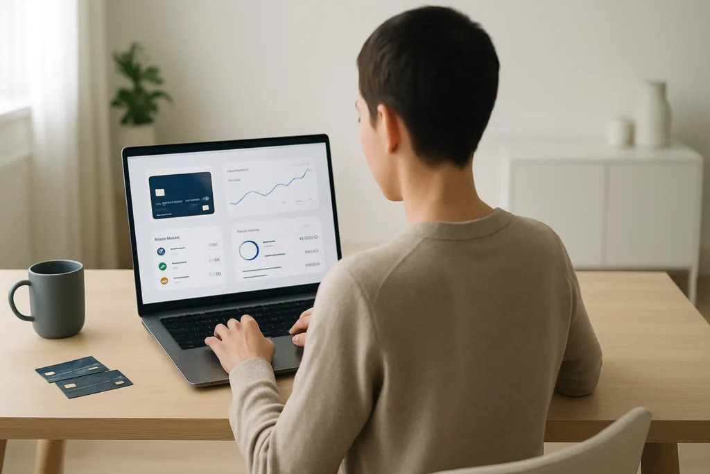 A gender-neutral person with short hair sits at a modern, tidy home desk, focused on a laptop displaying a financial dashboard. On the desk are two credit cards, a gray coffee mug, and a neatly arranged notepad with a pen. Natural daylight streams in from a nearby window, and the softly blurred background highlights the calm, organized atmosphere.