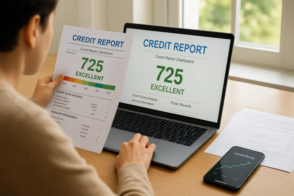 Person reviewing credit report and boosting credit score for debt consolidation loan using credit repair tools
