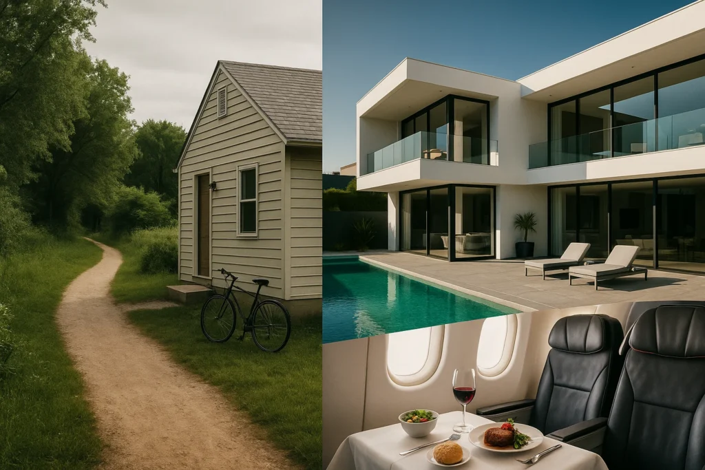 Illustration comparing Fat FIRE vs Lean FIRE lifestyles, showing minimalist and luxury retirement scenarios