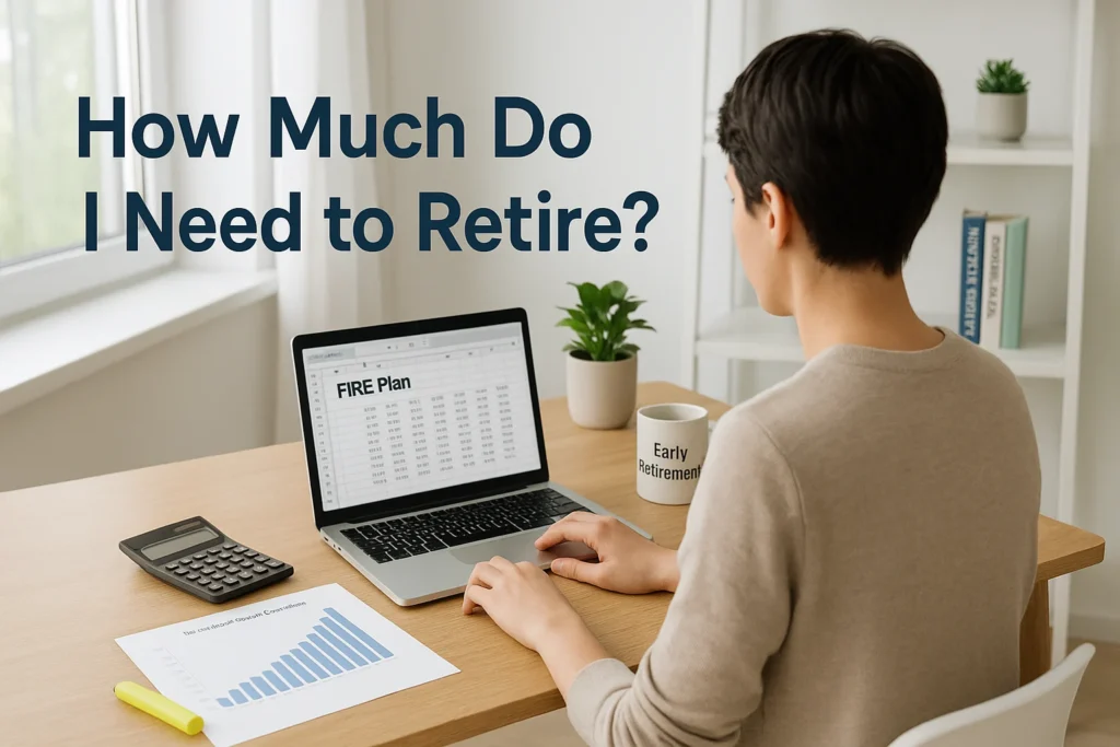 Person planning early retirement using calculator, charts, and laptop for FIRE number strategy
