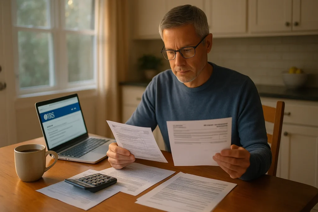 FIRE retiree reviewing mortgage interest tax deduction rules on laptop with tax documents and calculator