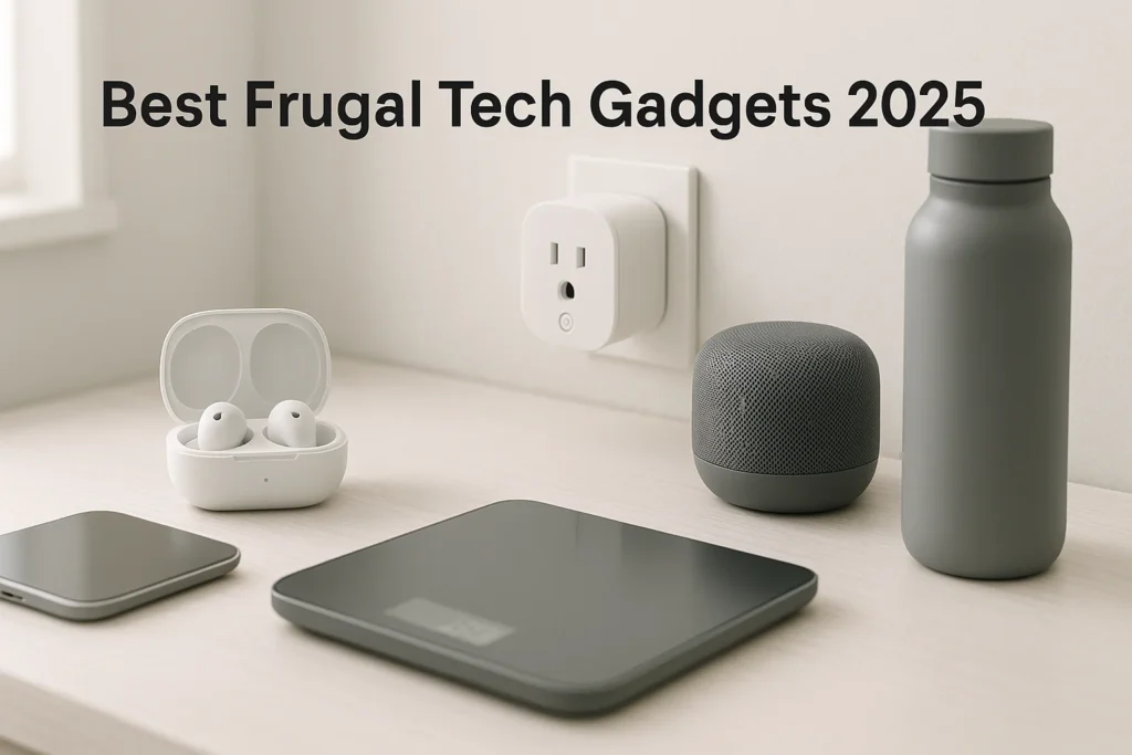 Minimalist white wooden desk with budget tech gadgets including wireless earbuds in open case, smart plug in wall socket, compact Bluetooth speaker, digital scale, and smart water bottle, with soft daylight and 'Best Frugal Tech Gadgets 2025' text overlay.