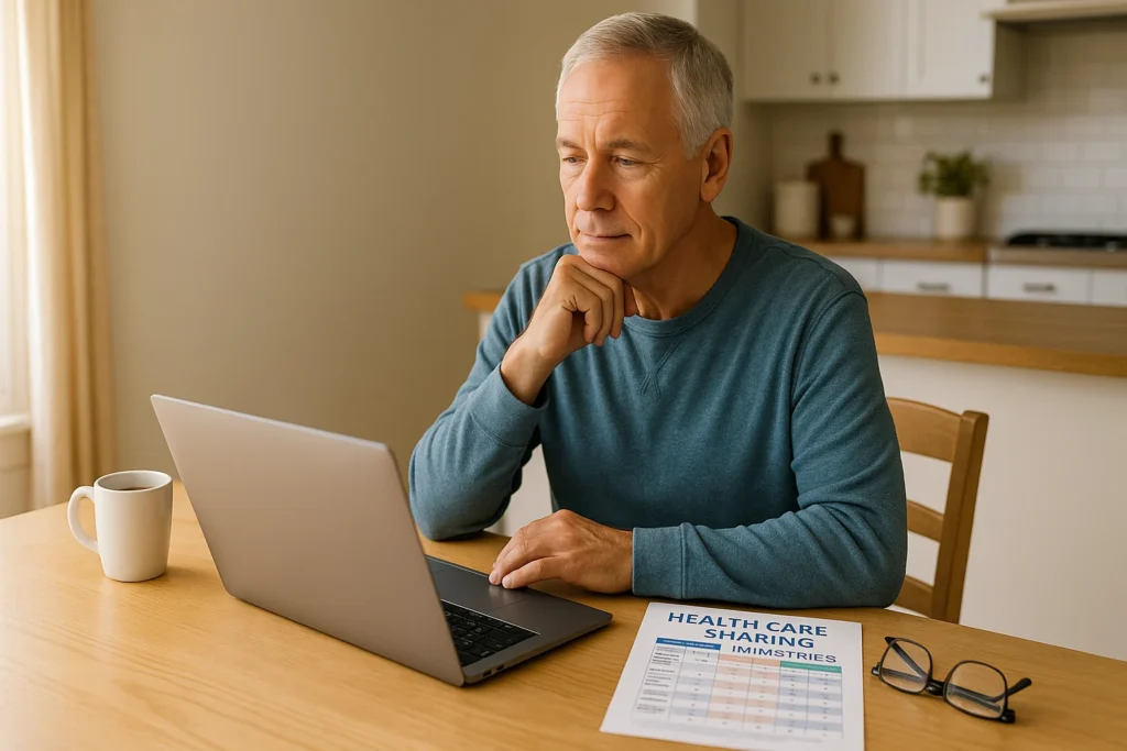 Retiree exploring health sharing ministries reviews for affordable healthcare before Medicare