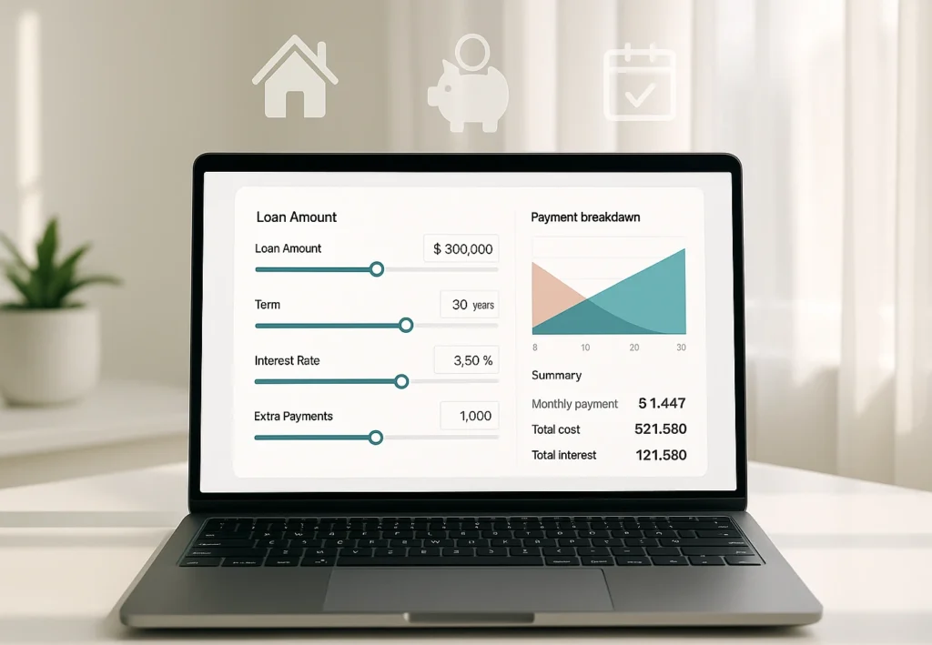 Modern home loan repayment calculator with extra payments interface on laptop near window for smart mortgage planning.