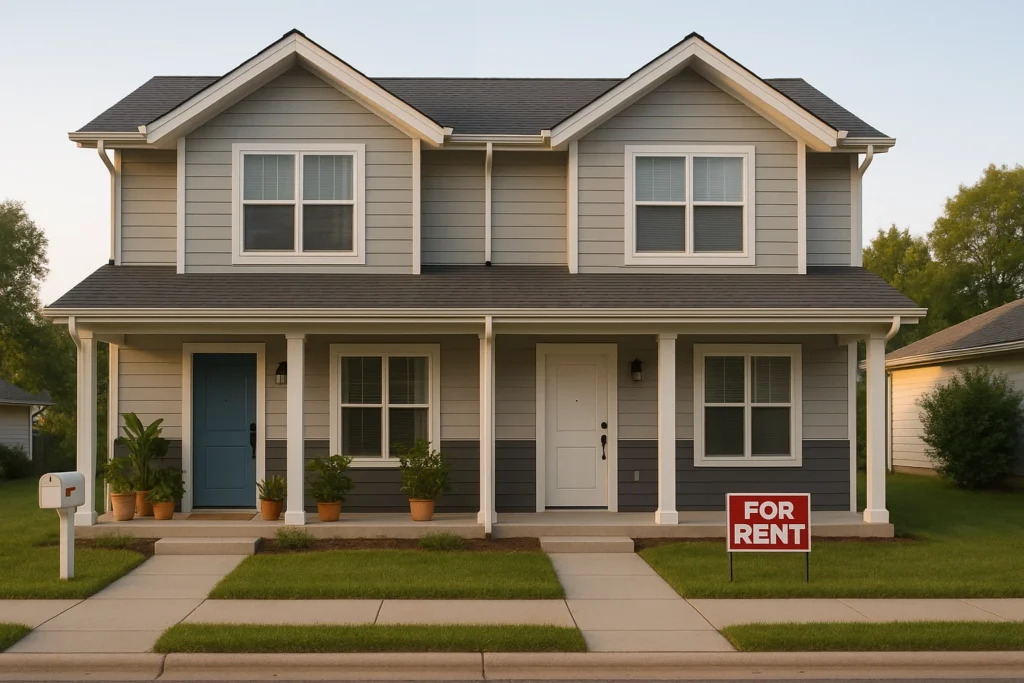Modern duplex showing one rented unit and one owner-occupied, representing Reddit house hacking success