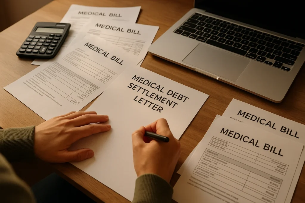 Person writing a medical debt settlement letter at a desk surrounded by medical bills and a calculator