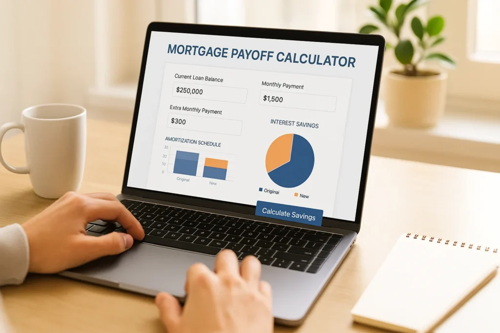 Person using a laptop displaying a mortgage payoff calculator with fields for loan balance, monthly payment, and extra payments, along with graphs showing amortization schedule and interest savings.