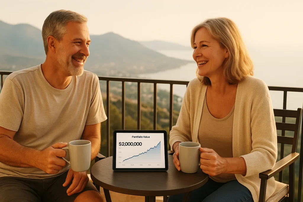 How to retire at 50 with 2 million: couple enjoying early retirement with scenic view