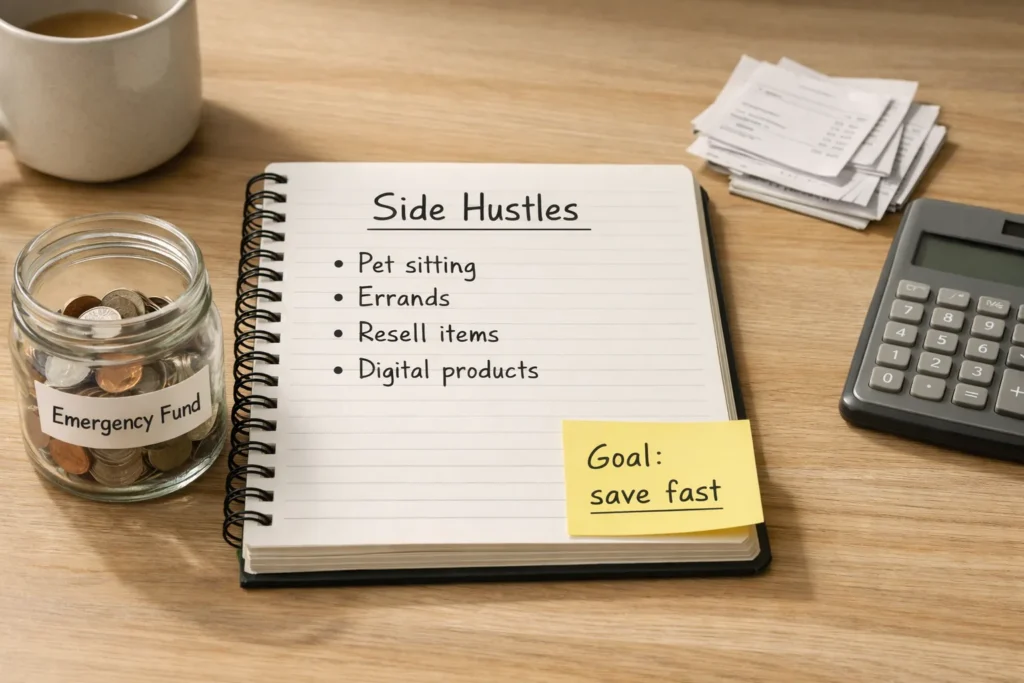 Notebook listing side hustles for frugal living beside an emergency fund jar, receipts, and a calculator