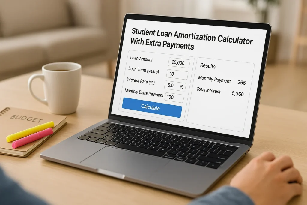 Student loan amortization calculator with extra payments interface on laptop with notes and coffee