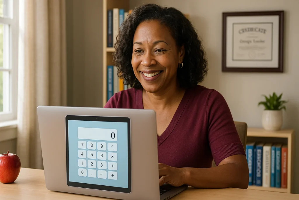 Georgia teacher using a digital retirement calculator at home on a laptop
