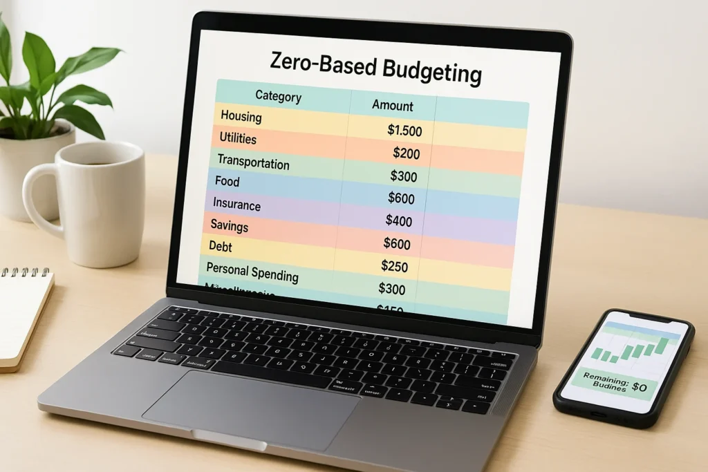 Zero budget spreadsheet dashboard on laptop screen showing $0 remaining balance