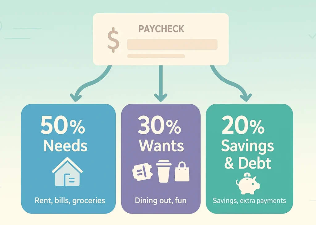 Illustration of the 50/30/20 budget rule, with a paycheck flowing into 50% needs, 30% wants, and 20% savings and debt.