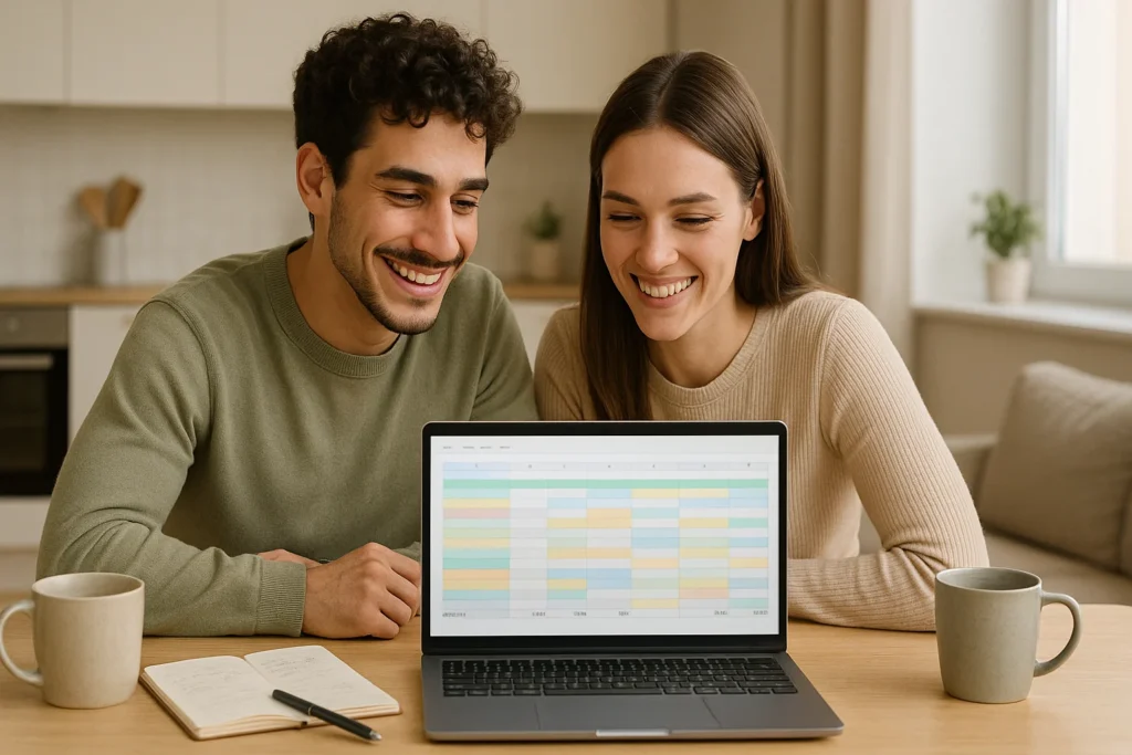 Smiling couple at a kitchen table using a laptop budget spreadsheet, working on couples budget planning at home