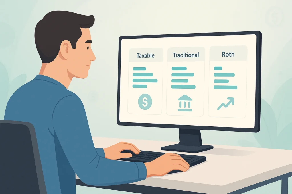 Investor at a computer comparing taxable, traditional and Roth accounts as part of an asset location strategy.