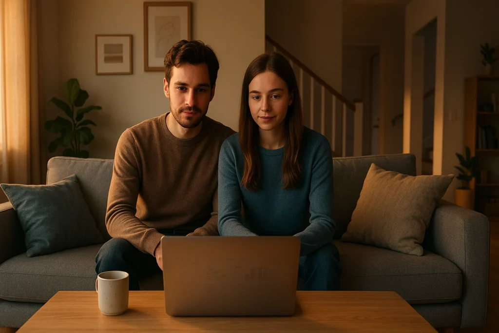 Young couple reviewing house hacking duplex reddit tips on a laptop in a cozy living room, checking numbers together.