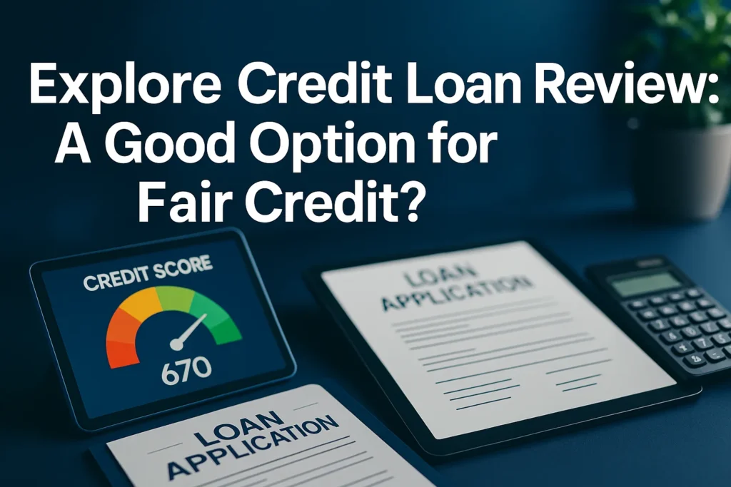 Explore Credit loan review hero showing a 670 credit score on a tablet beside loan application forms and a calculator on a desk