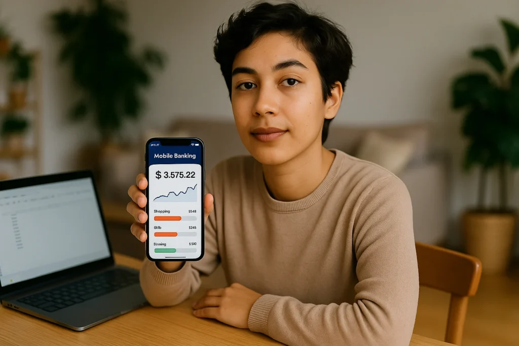 Young adult holding a phone with a mobile banking app, illustrating a practical go2bank review for everyday users.