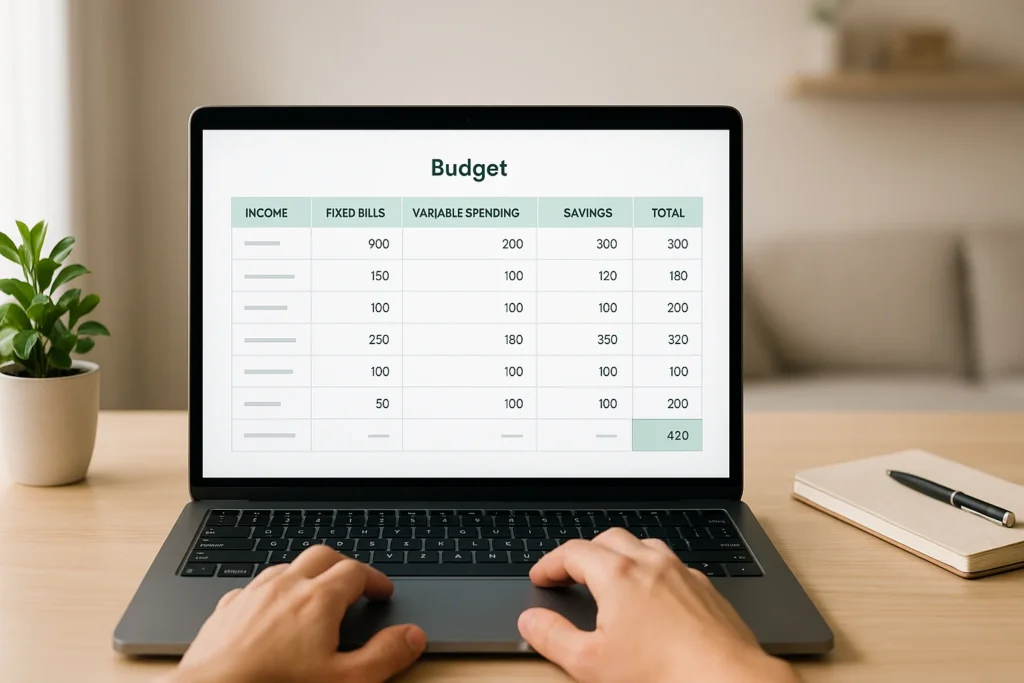 Person updating a shared budget spreadsheet in marriage and finance software on a laptop at a tidy home desk.