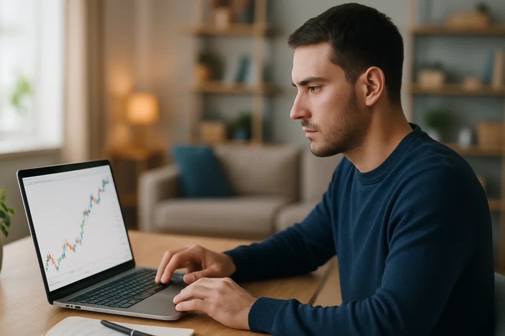 Beginner investor studying stock charts for a moomoo review on a laptop in a cozy home office.