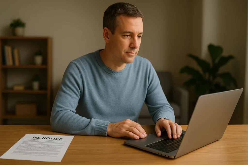 Calm taxpayer in a blue sweater using a laptop at a wooden desk with an IRS notice beside him, reading a tax expert now review to decide on affordable online IRS help.
