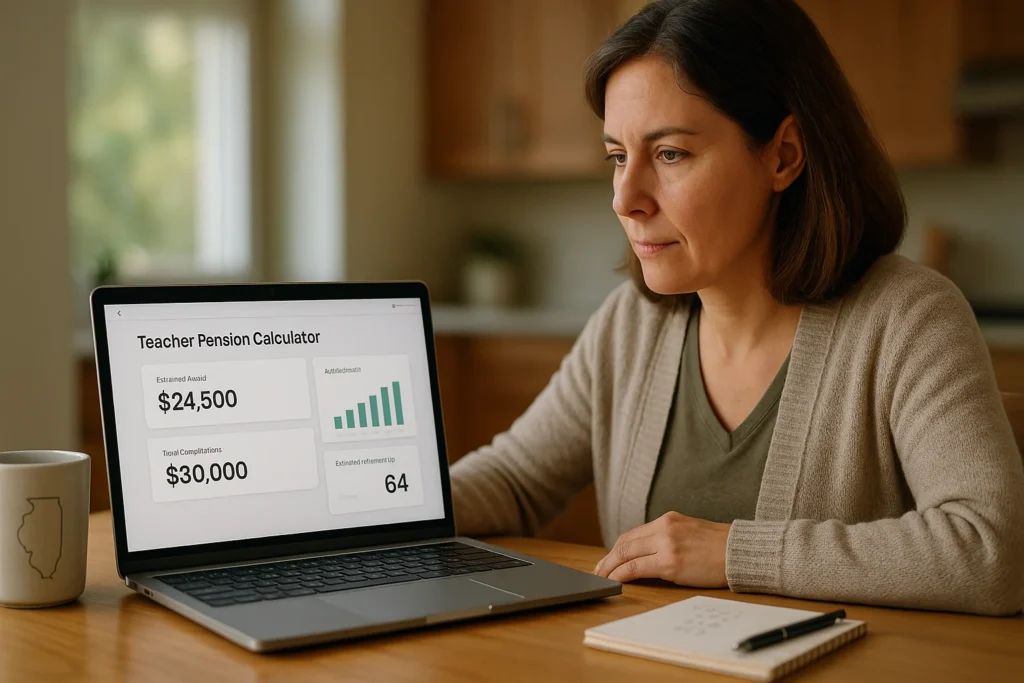 Illinois teacher using a teacher pension calculator illinois on her laptop at a kitchen table, reviewing TRS retirement income projections