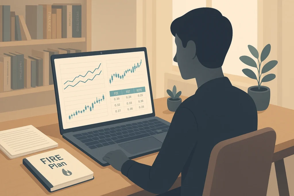 Young investor studying value investing strategies and fundamental analysis on a laptop, reviewing stock charts and ratios while planning a long-term FIRE portfolio in a quiet home office.