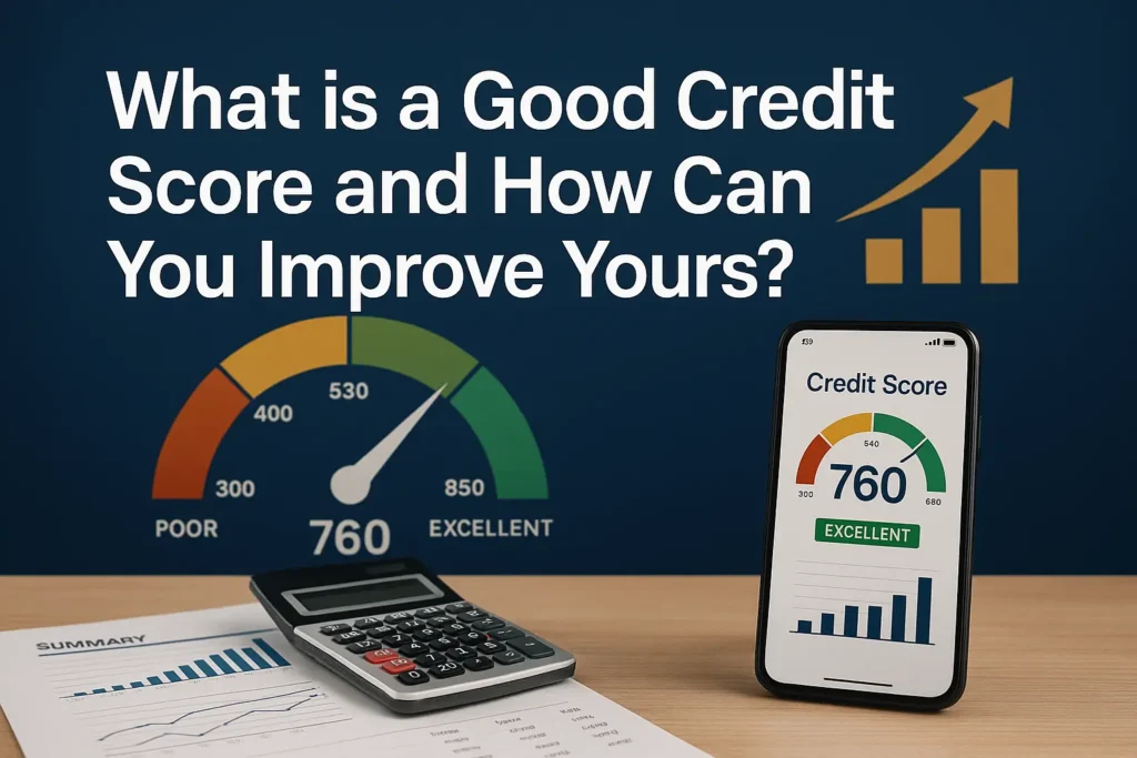 Desk with calculator, credit report and phone app showing a 760 rating to illustrate what is a good credit score and the practical steps you can take to steadily improve it.