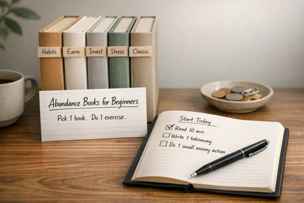 Cozy desk with books and a simple checklist for abundance books for beginners, warm light, calm money vibe