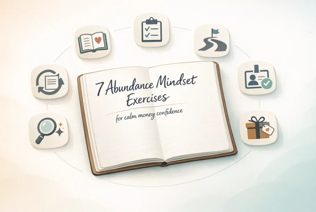 illustrated notebook showing 7 abundance mindset exercises for calm money confidence