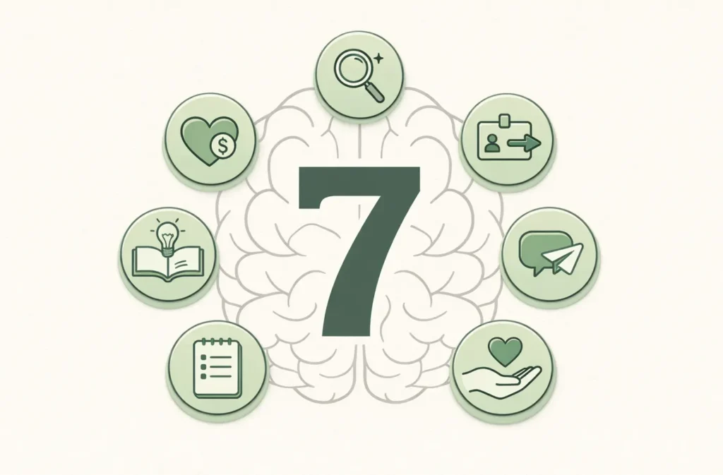 Stylized number seven with icons for abundance mindset habits around a brain outline, soft green doodle style
