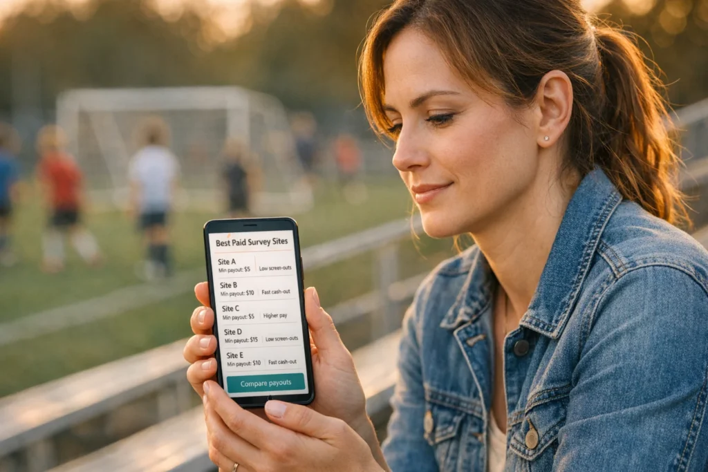 Busy mom comparing best paid survey sites on her phone at kids’ soccer game, warm sunset light, simple app list