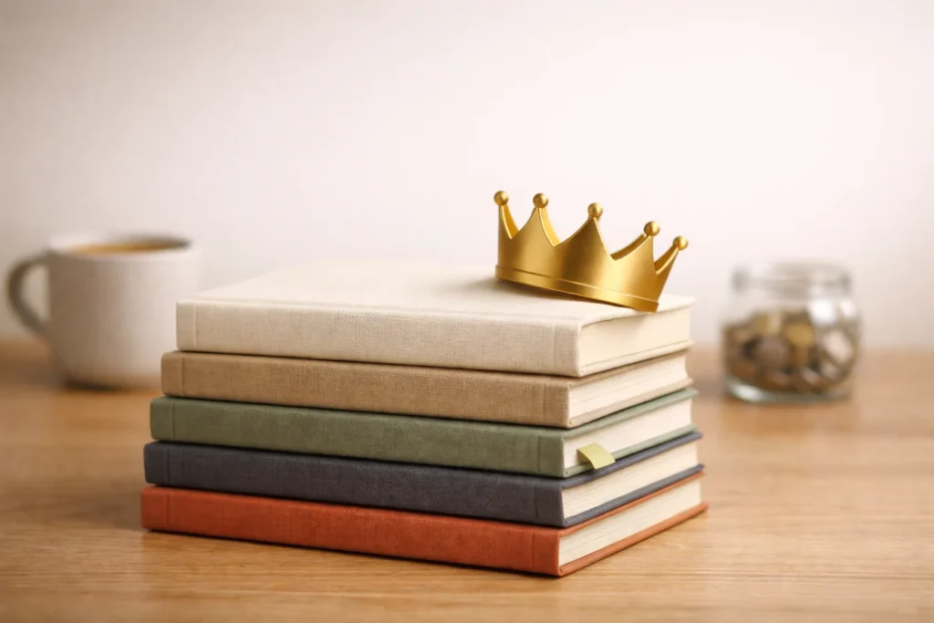Cozy desk with annotated book stack and sticky notes, money mindset book shortlist, warm modern editorial style