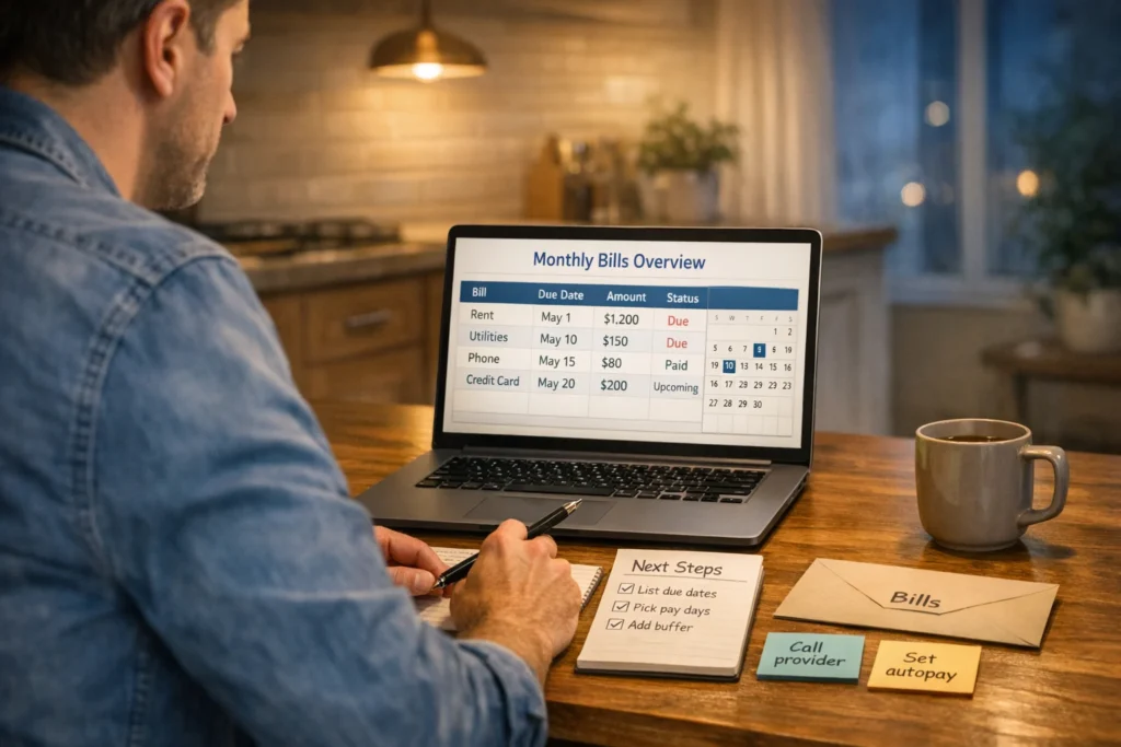 Person reviewing a simple money stress plan on a laptop at a kitchen table, warm evening light, calm mood